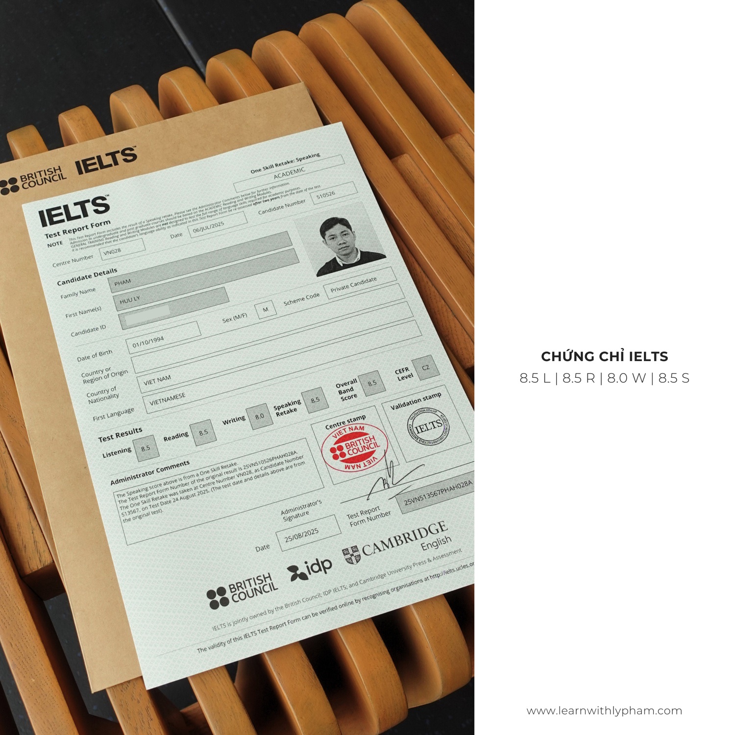 Bảng điểm IELTS 8.5 của Thầy Lý Phạm